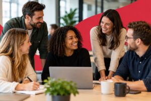5 members of the back office support services team chatting